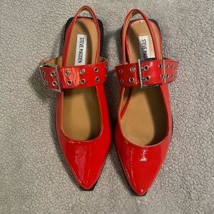Steve Madden Red Patent Pointed Toe Slingback Flats with Grommet Strap